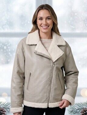 Sebby Collection Faux Leather & Shearling Moto Jacket Size XL Cream